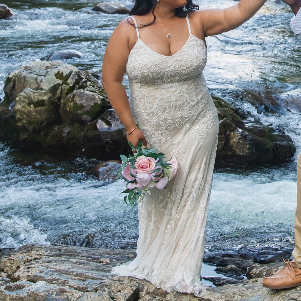 allover floral beaded godet sheath wedding dress